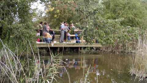 A group of people stand on a pond dipping platform