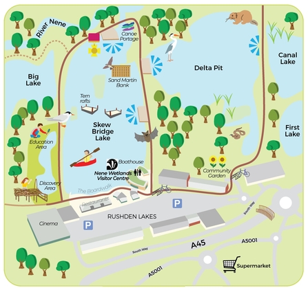 Nene Wetlands nature reserve map including a graphic of a beaver on the edge of the Delta Pit body of water