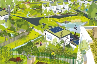 An illustration showing development alongside a wide range of green space and wildlife