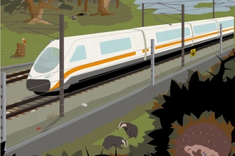 An illustration of a train speeding through a wildlife-rich landscape