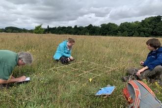 Interns and volunteers conducting a grassland survey at Trumpington Meadows