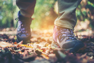 Walking boots on leaves