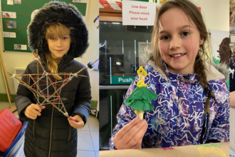 four images side by side of children holding crafts - a paper Christmas tree, a wooden star, a peg doll Christmas tree and a glass jar snow globe. 