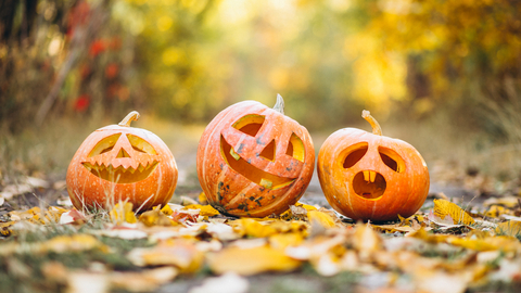 2 pumpkins with faces on Autumn ground