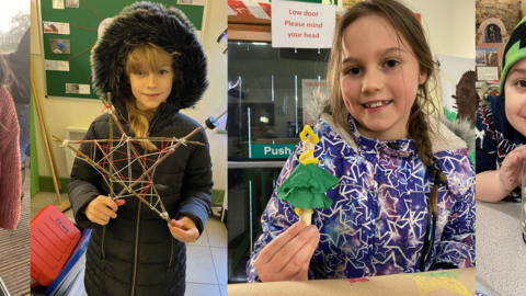 four images side by side of children holding crafts - a paper Christmas tree, a wooden star, a peg doll Christmas tree and a glass jar snow globe. 