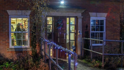 Christmas lights outside the front door to the Cambourne office 