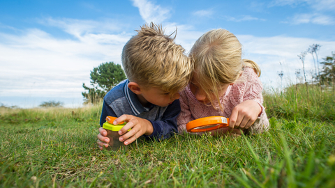 Children laying on grass looking down through magnifying glass