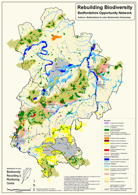 A map showing the opportunities for rebuilding biodiversity in Beds and Luton, colour coded by habitat-type