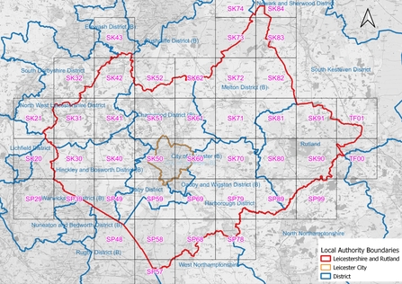 Map of Leicestershire and Rutland showing 10km grid square locations