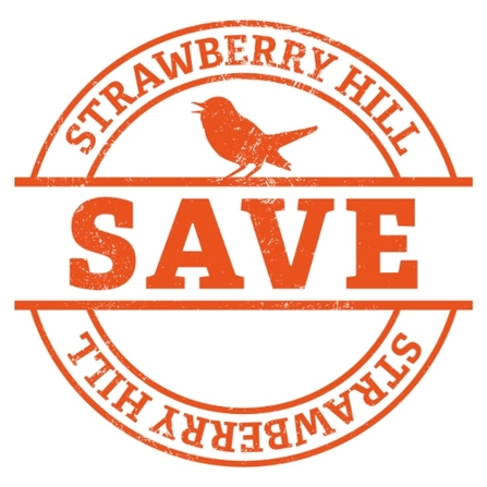 Save Strawberry Hill, a red stamp design graphic featuring a singing nightingale sitting above the word SING in the centre of the stamp.