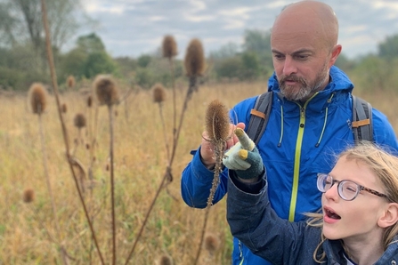 Rev'd Chad Chadwick and young person pointing at a teasel in a grassy field at Strawberry Hill