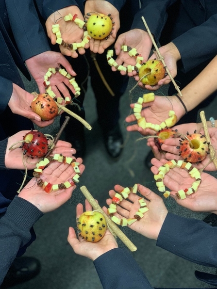 School students hands in a circle, holding natural bird feeders handmade from apples in an activity.