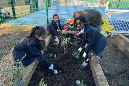 Three students planting in a wooden raised planter with a WTBCN staff member assisting