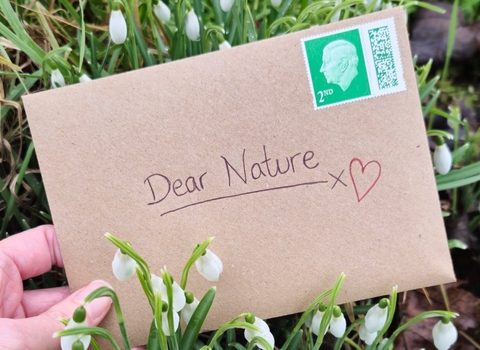 An enveloped letter, "Dear Nature" written on the front and stamped. "What would your love letter to Nature say?" text overlaid.